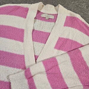 LOFT Pink Striped Women's Relaxed V-Neck Cardigan Size XL Double Pockets